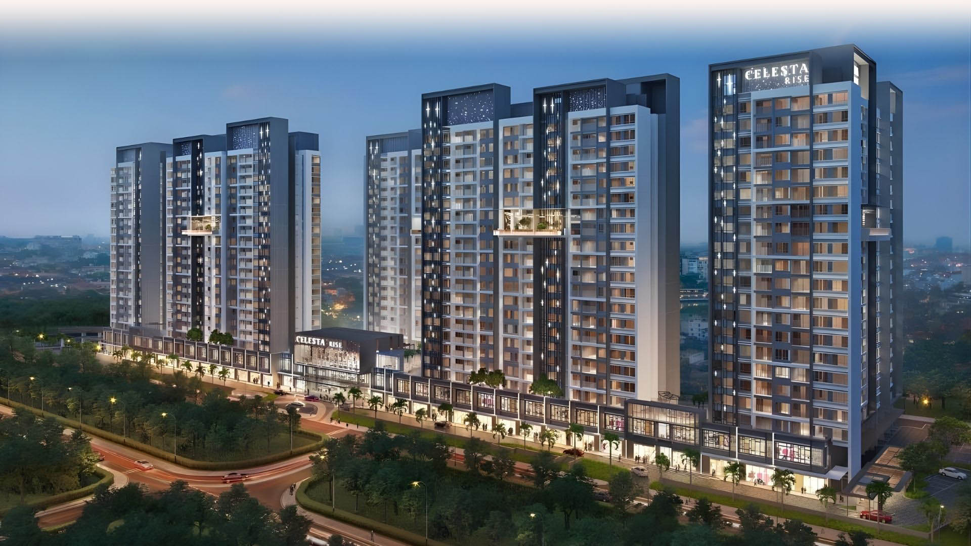 Phối cảnh các tòa tháp và khối đế thương mại khu Celesta City