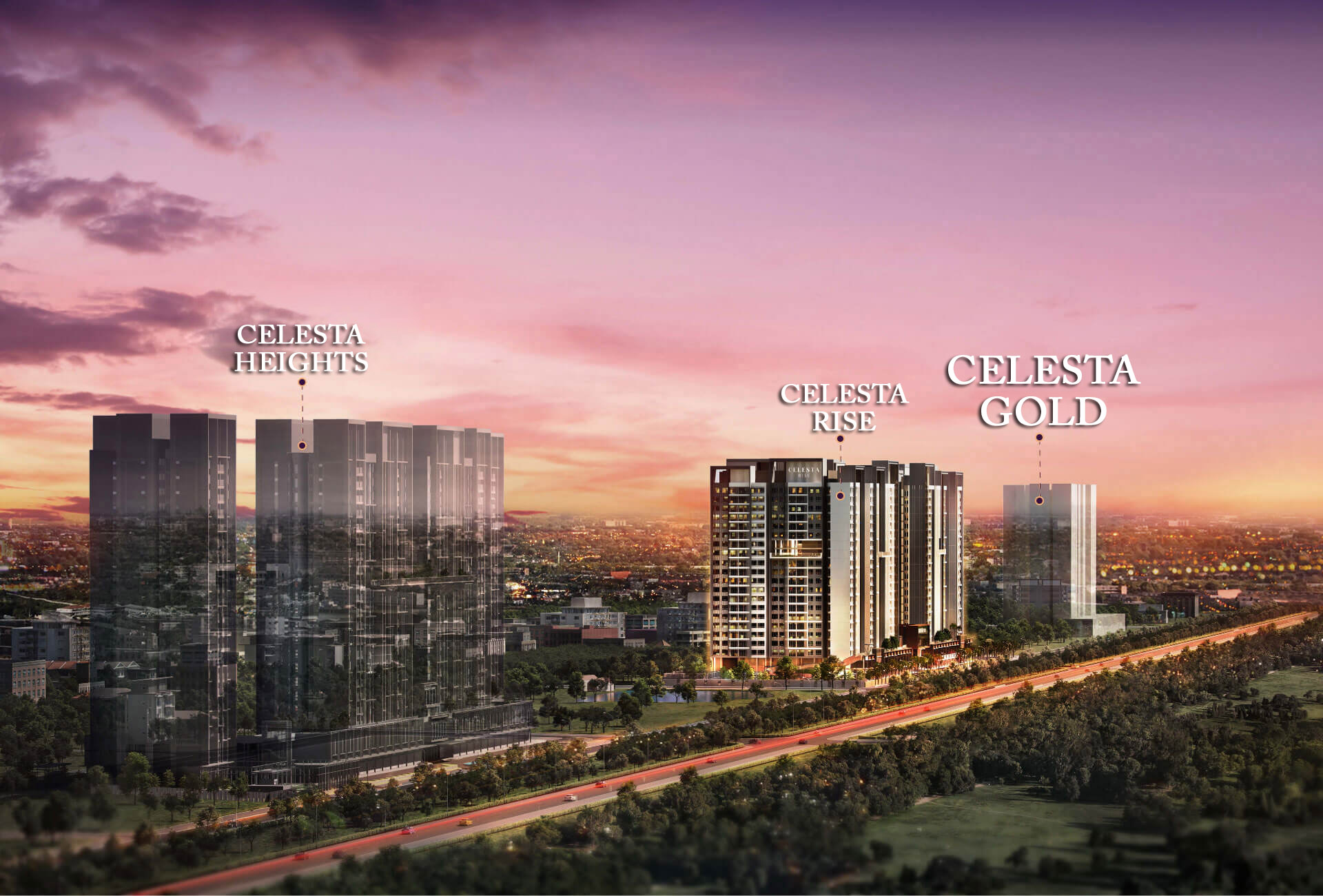 Phối cảnh Celesta Gold bên cạnh Celesta Heights và Celesta Rise lúc hoàng hôn
