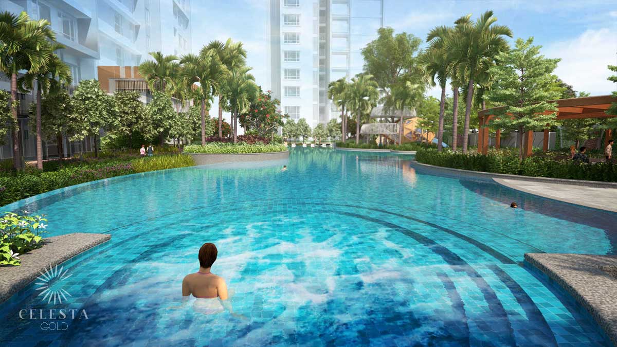 Hồ bơi cảnh quan nhiều cây xanh tại Celesta Gold
