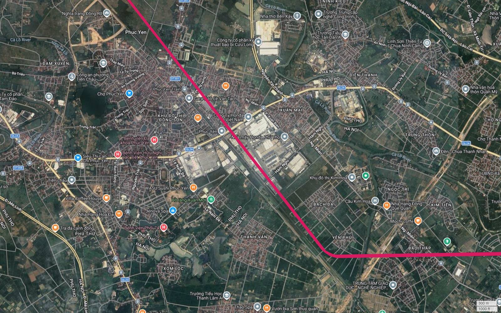 Ảnh vệ tinh tuyến metro số 1 Hà Nội qua lõi Phúc Yên, Khu đô thị Đồng Sơn, tổ hợp Honda Việt Nam và Khu đô thị Kim Hoa
