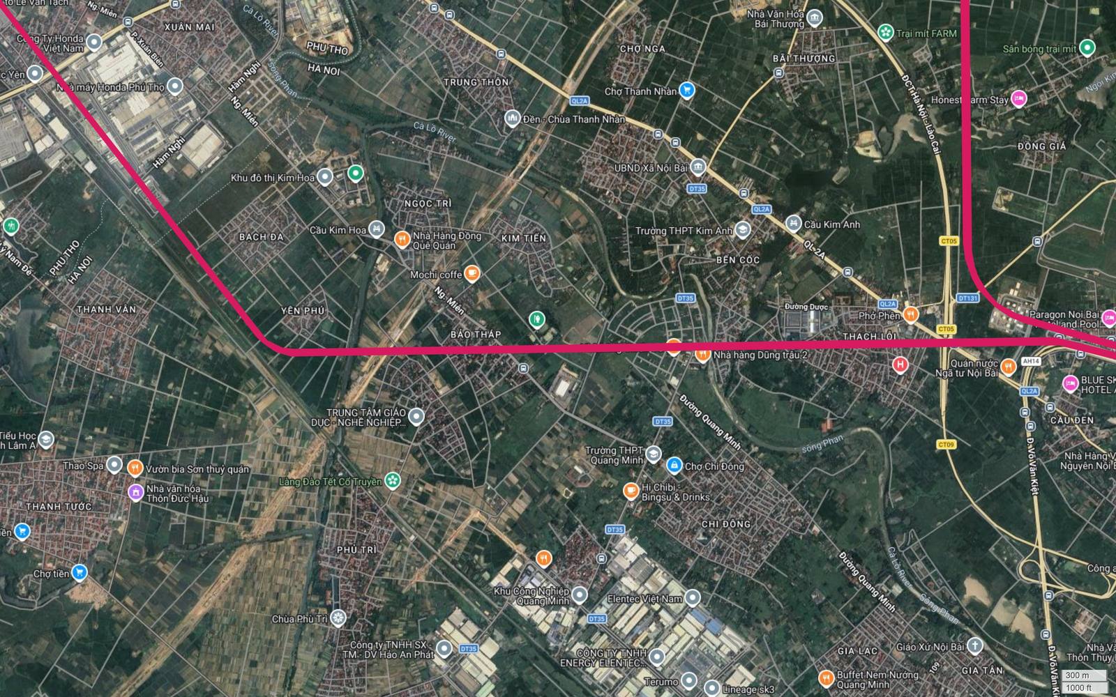Ảnh vệ tinh hành lang metro số 1 chạy ngang Kim Hoa, Bảo Tháp, Kim Tiến về phía Khu công nghiệp Quang Minh