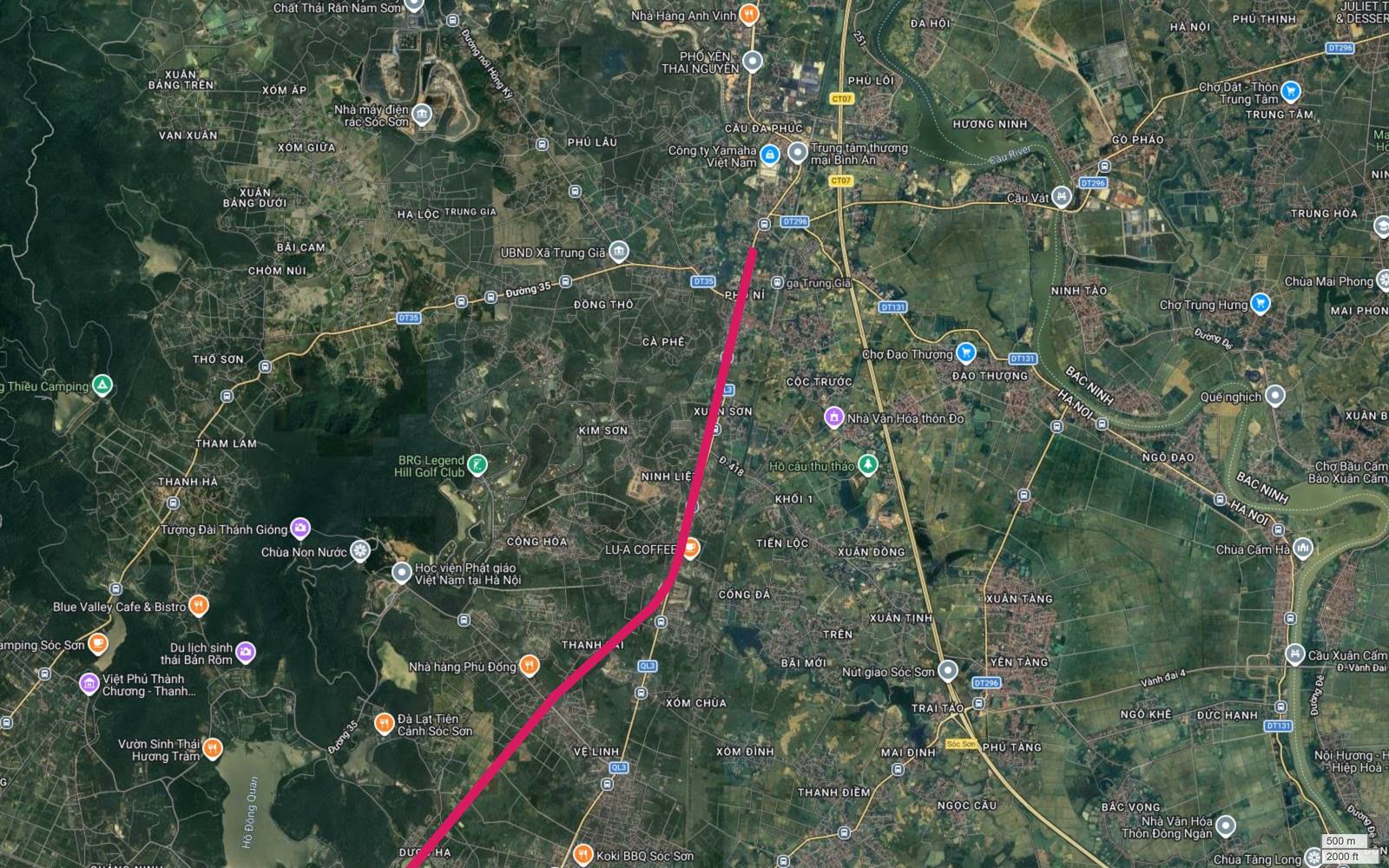 Ảnh vệ tinh điểm cực bắc tuyến metro số 1 tại Trung Giã với sân golf BRG Legend Hill và nút giao Vành đai 4