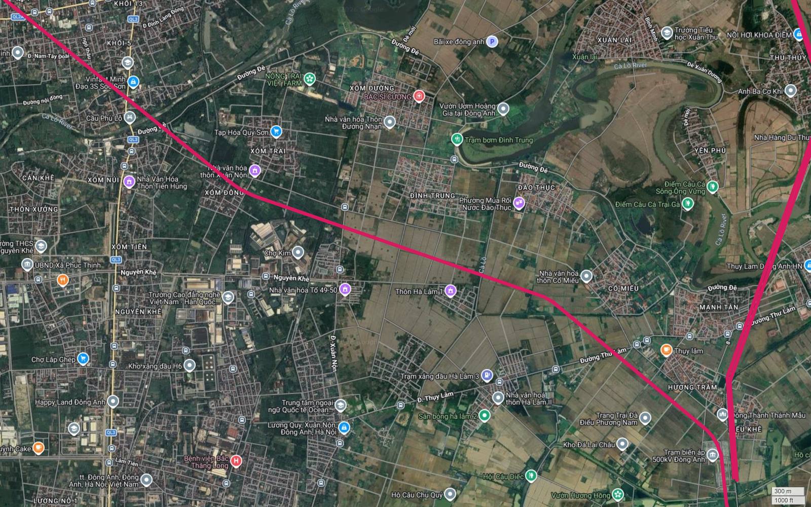Ảnh vệ tinh hành lang metro số 1 đi rất sát trạm biến áp 500 kV Đông Anh tại Nguyên Khê