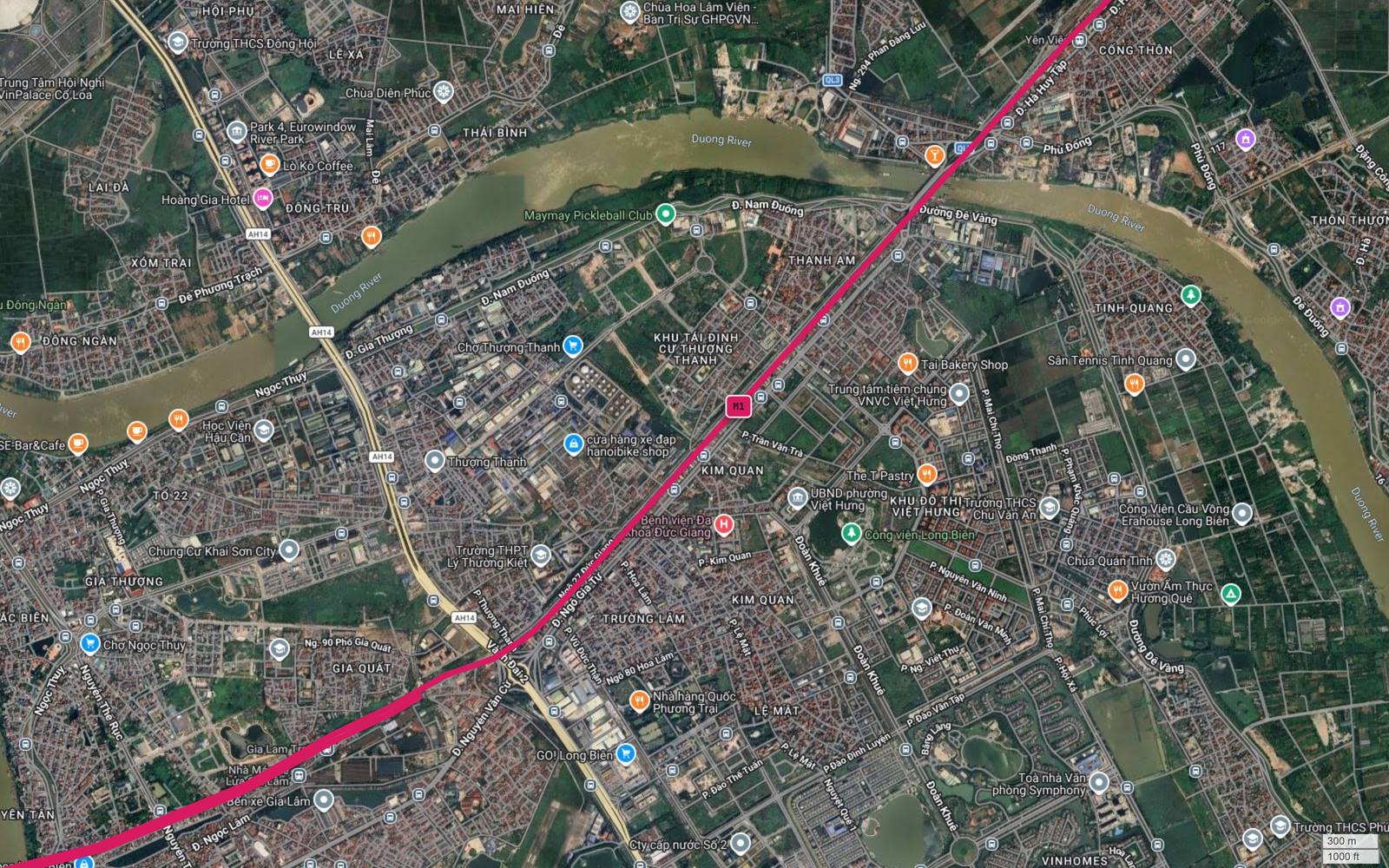 Ảnh vệ tinh tuyến metro số 1 qua Thượng Thanh, Việt Hưng, Kim Quan thuộc lõi Long Biên