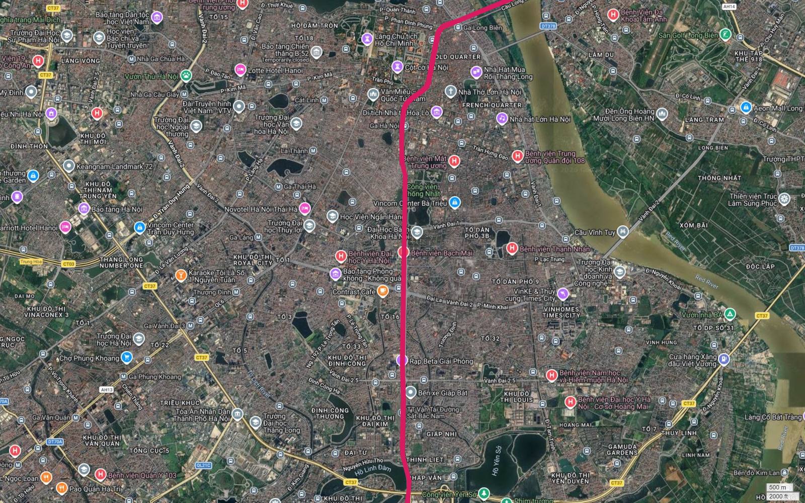 Ảnh vệ tinh hành lang metro số 1 dọc trục Giải Phóng qua Bạch Mai, Bách Khoa, Vinhomes Times City và bến xe Giáp Bát