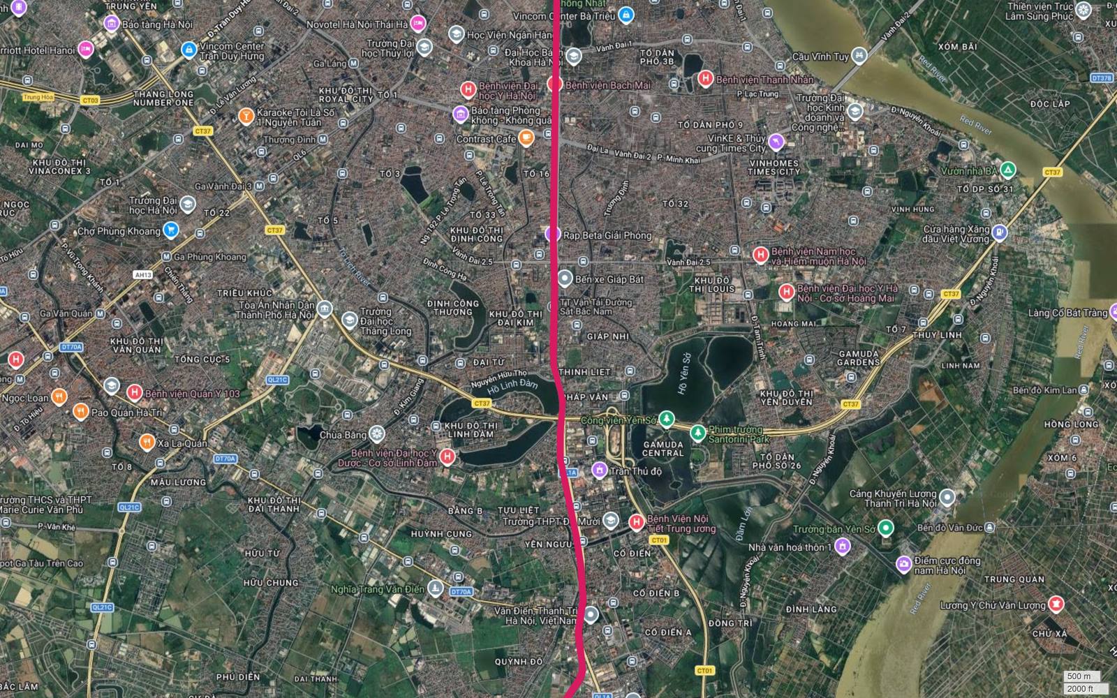 Ảnh vệ tinh khu vực Pháp Vân, công viên Yên Sở, Gamuda và nút giao Vành đai 3 trên tuyến metro số 1