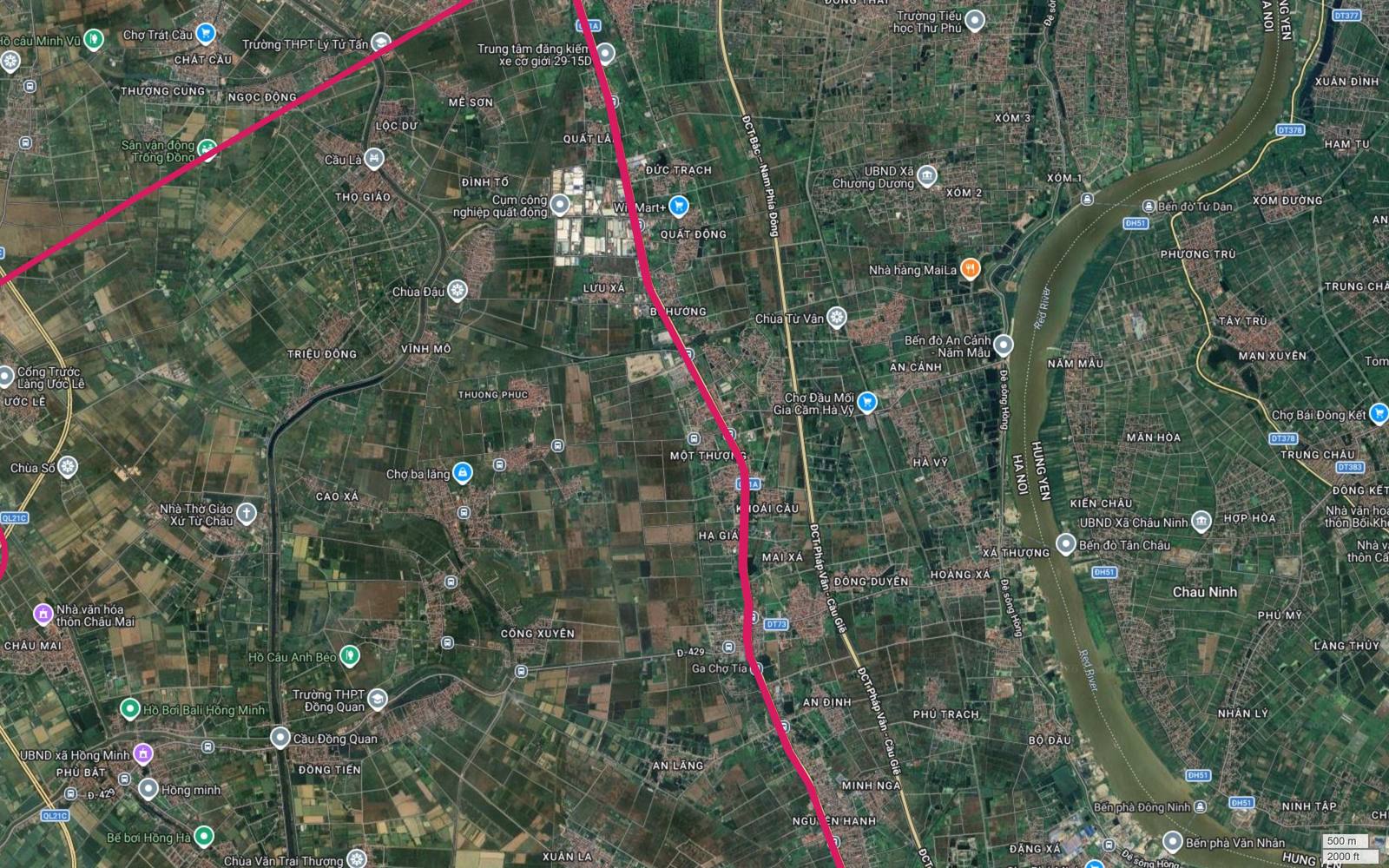 Ảnh vệ tinh cụm công nghiệp Quất Động trên hành lang metro số 1 với nhánh tây nam hiện ở góc khung
