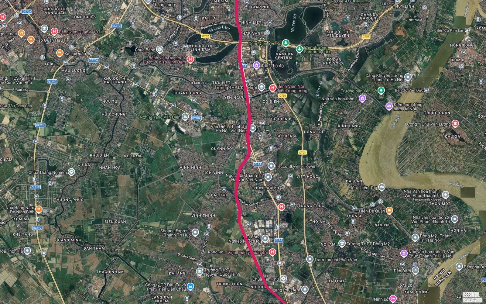Ảnh vệ tinh vùng Văn Điển, Linh Đàm, Gamuda với hành lang metro số 1 đi giữa hai cụm đô thị