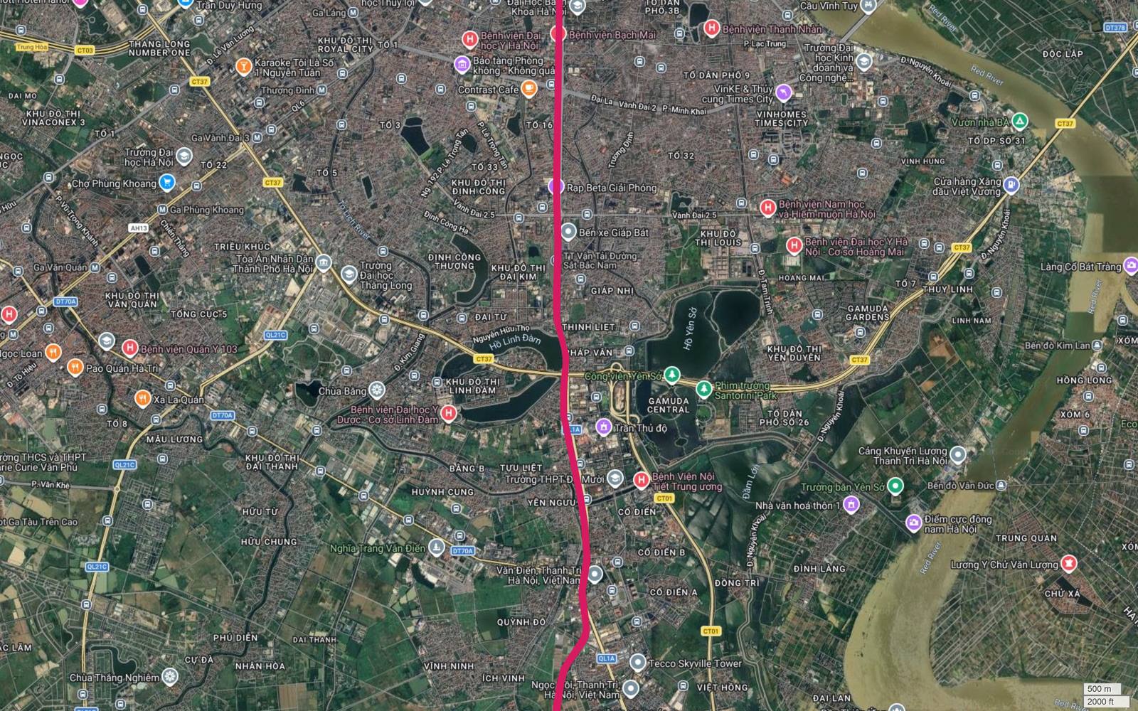 Ảnh vệ tinh trục Giải Phóng nhìn từ trên cao với các khu đô thị Định Công, Đại Kim, Louis và bến xe Giáp Bát