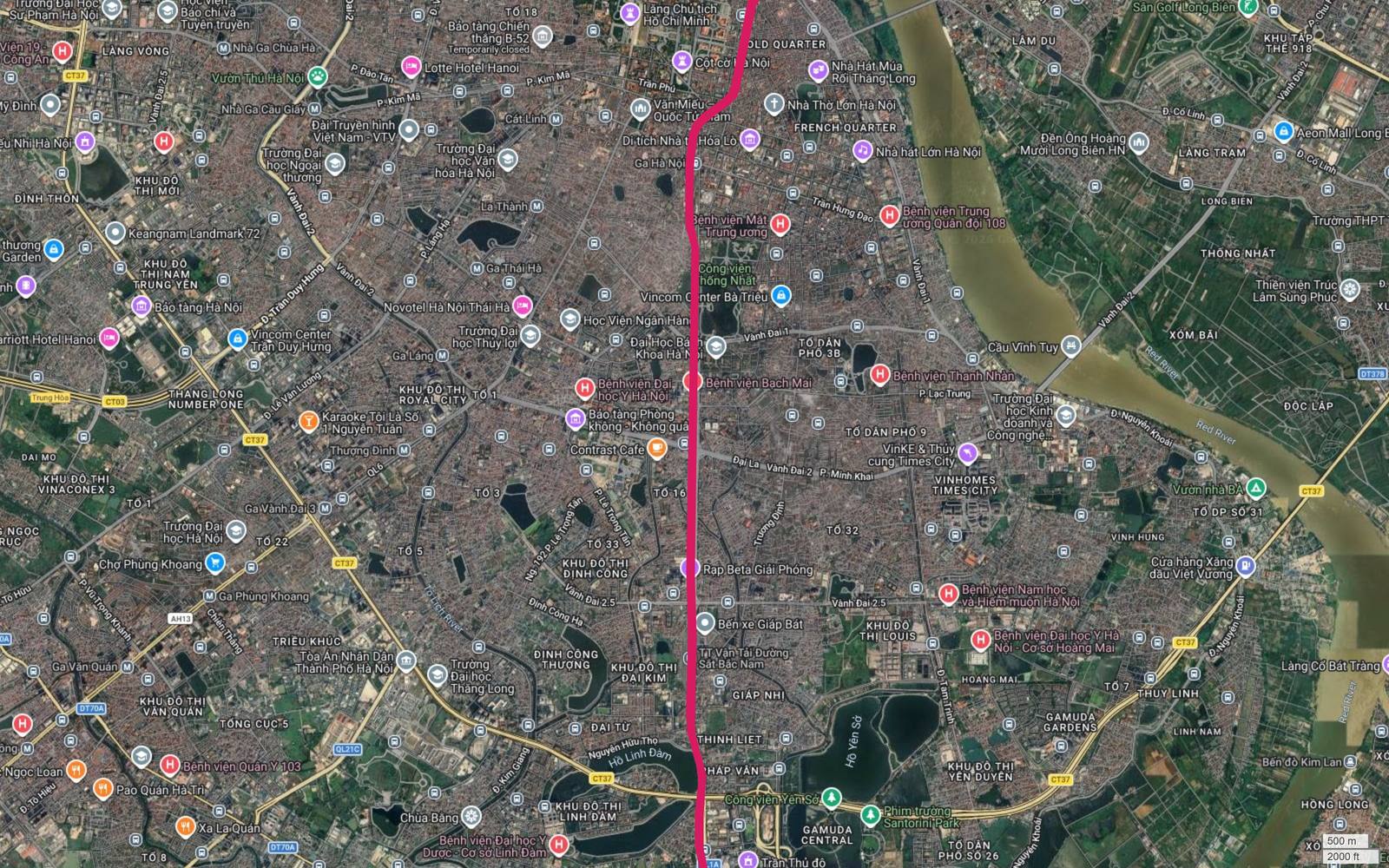 Ảnh vệ tinh lõi trung tâm Hà Nội từ phố cổ tới Giáp Bát với hành lang tuyến metro số 1